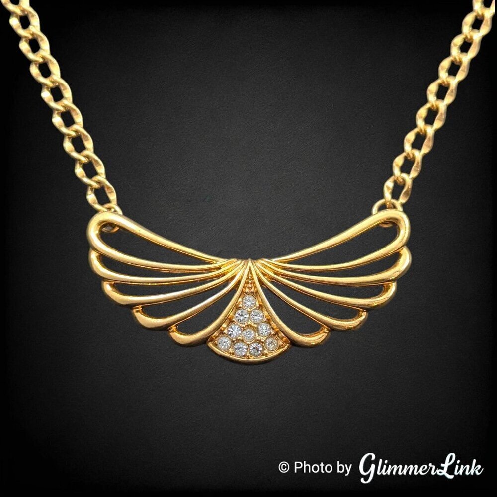 Vintage 80s Avon Delicate Sparkle Fan Gold Tone Bib Necklace